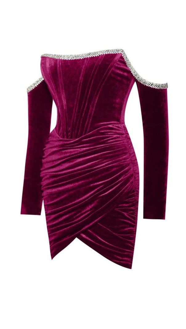 ODETTE BURGUNDERROTES SAMT-OFF-SHOULDER-KORSETT-KLEID MIT KRISTALLBESATZ