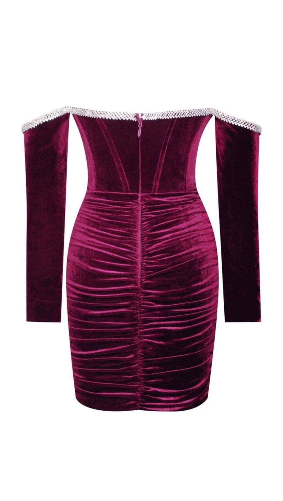 ODETTE BURGUNDY VELVET OFF SHOULDER CORSET DRESS WITH CRYSTAL TRIM