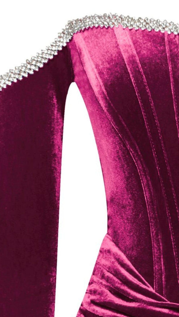 ODETTE BURGUNDERROTES SAMT-OFF-SHOULDER-KORSETT-KLEID MIT KRISTALLBESATZ