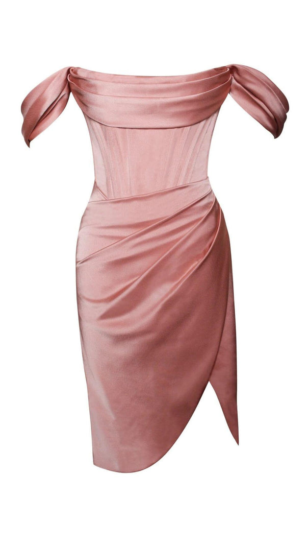 AIIZIE WILEY BLUSH PINK SATIN OFF SHOULDER CORSET DRESS - product image