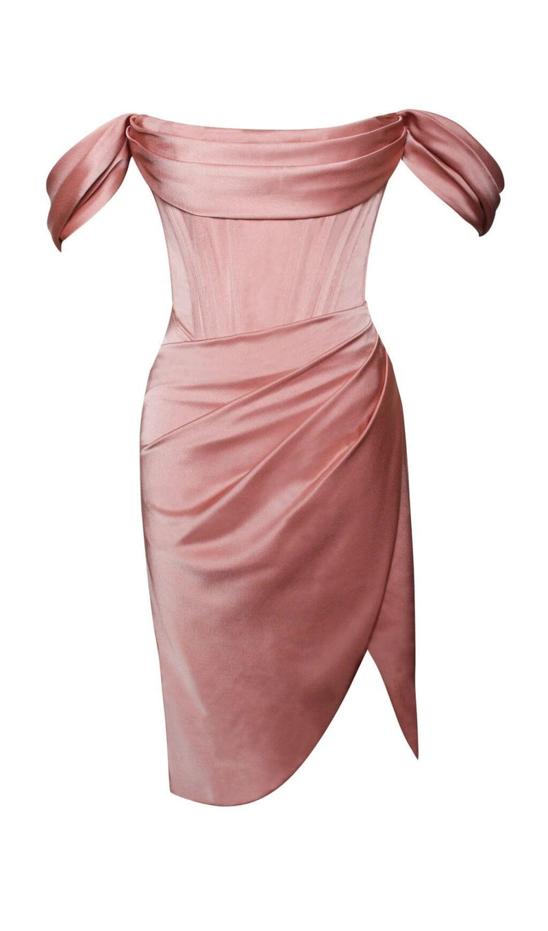 WILEY BLUSH PINK SATIN OFF SHOULDER CORSET DRESS