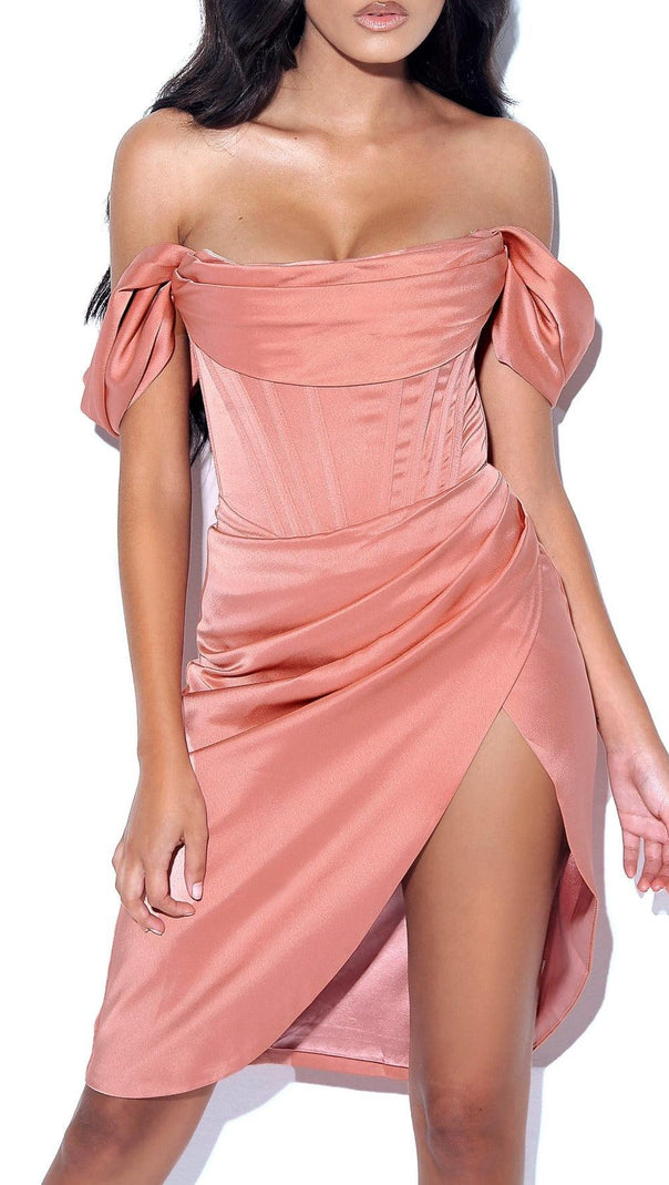 AIIZIE WILEY BLUSH PINK SATIN OFF SHOULDER CORSET DRESS - product image