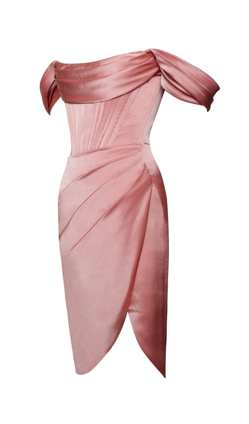 WILEY BLUSH PINK SATIN OFF SHOULDER CORSET DRESS