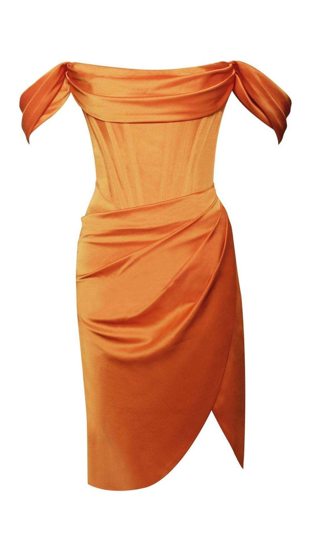 AIIZIE WILEY ORANGE SATIN OFF SHOULDER CORSET DRESS - product image