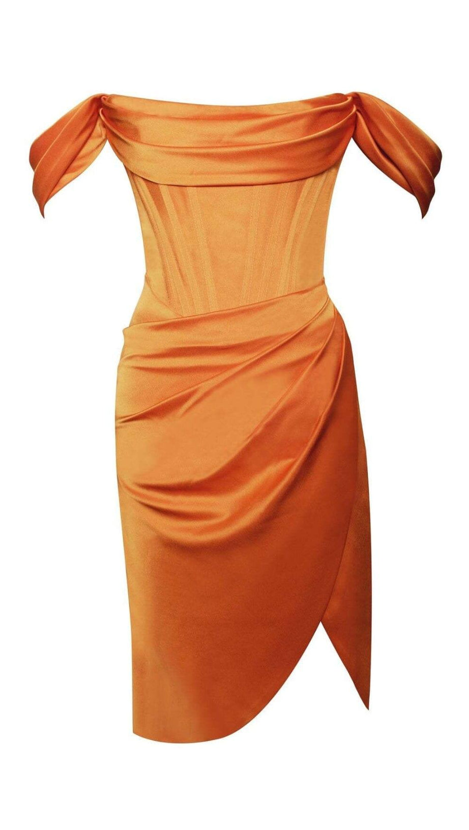 WILEY ORANGE SATIN OFF SHOULDER CORSET DRESS