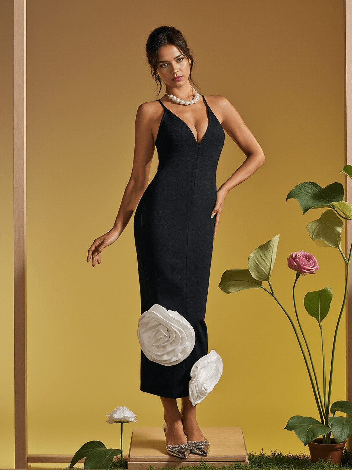 ELIHU SPAGHETTI FLOWER BANDAGE MIDI DRESS