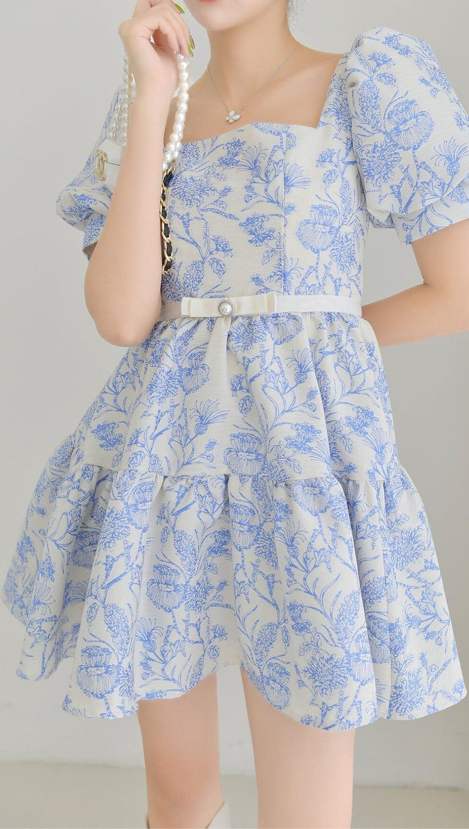 FRENCH PUFF SLEEVE PRINTED MINI DRESS