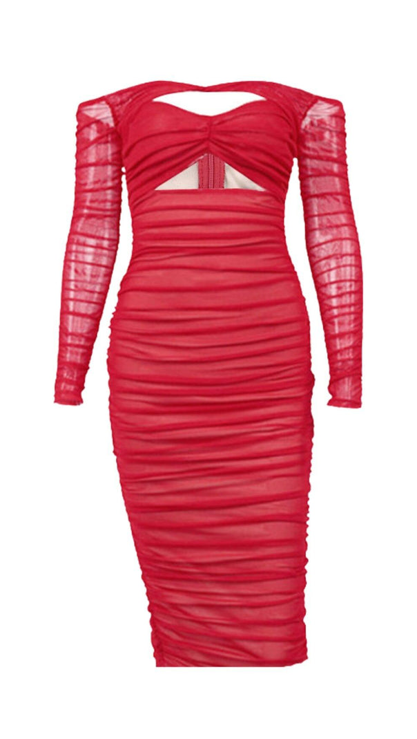 AIIZIE TERRA BURGUNDY MESH OFF SHOULDER CUTOUT MIDI DRESS - product image