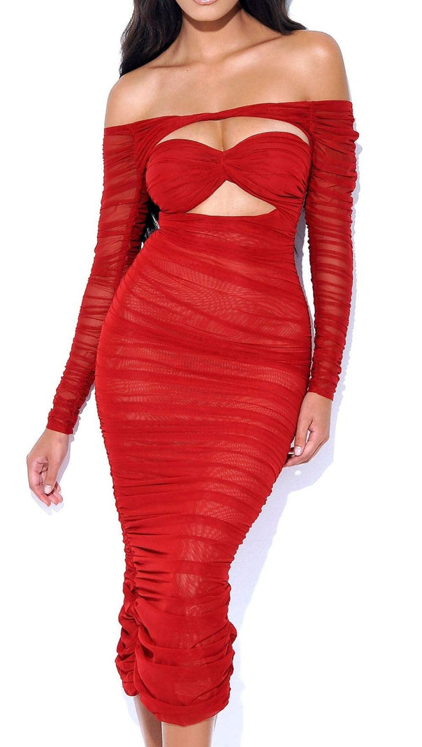 AIIZIE TERRA BURGUNDY MESH OFF SHOULDER CUTOUT MIDI DRESS - product image