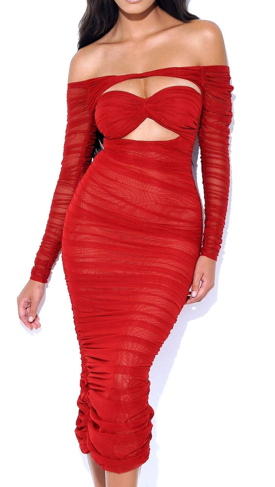 TERRA BURGUNDY MESH OFF SHOULDER CUTOUT MIDI DRESS