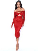 TERRA BURGUNDY MESH OFF SHOULDER CUTOUT MIDI DRESS