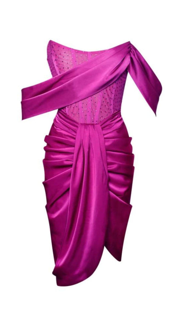 ABITO DARLENE IN RASO FUCSIA CON SPALLE SCOPERTE E CORSETTO CON CRISTALLI