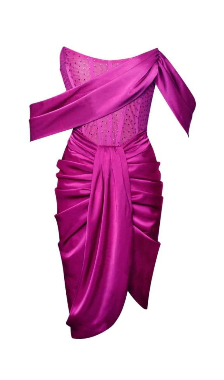 ABITO DARLENE IN RASO FUCSIA CON SPALLE SCOPERTE E CORSETTO CON CRISTALLI