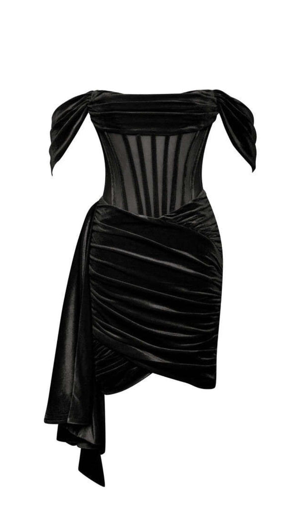AIIZIE IRISA BLACK DRAPING OFF SHOULDER CORSET DRESS - product image