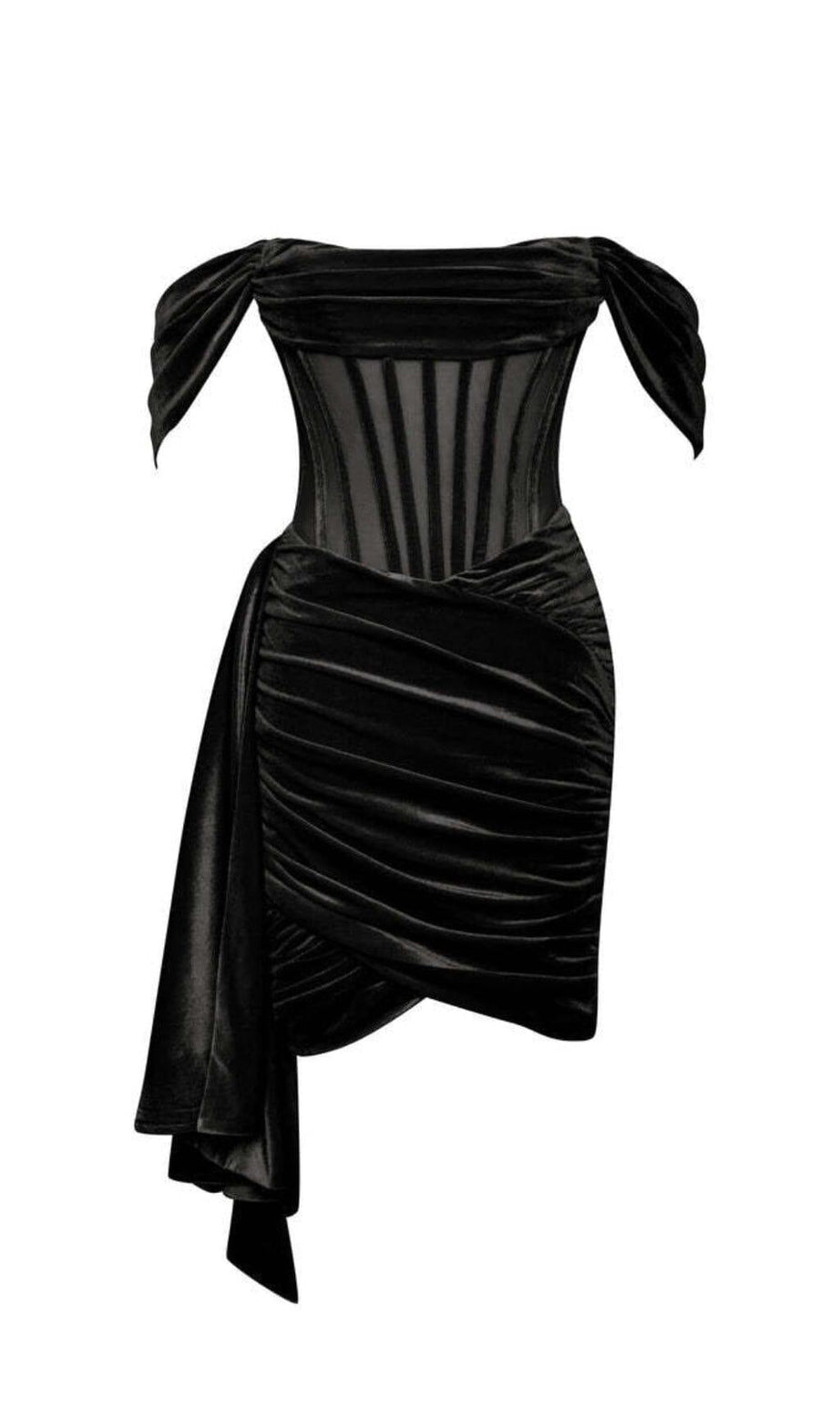 IRISA BLACK DRAPING OFF SHOULDER CORSET DRESS