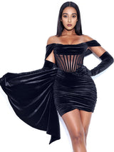 IRISA BLACK DRAPING OFF SHOULDER CORSET DRESS