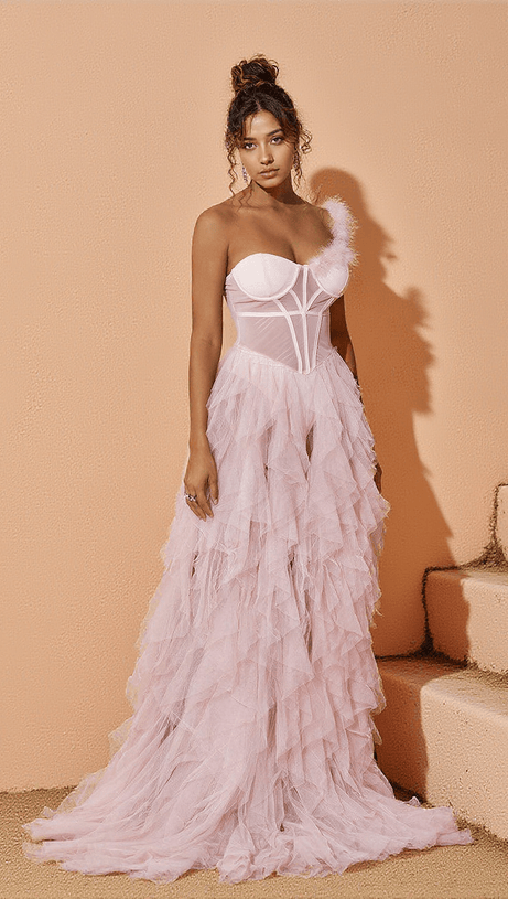 TITANIA ONE SHOULDER TULLE MAXI DRESS IN BLUSH