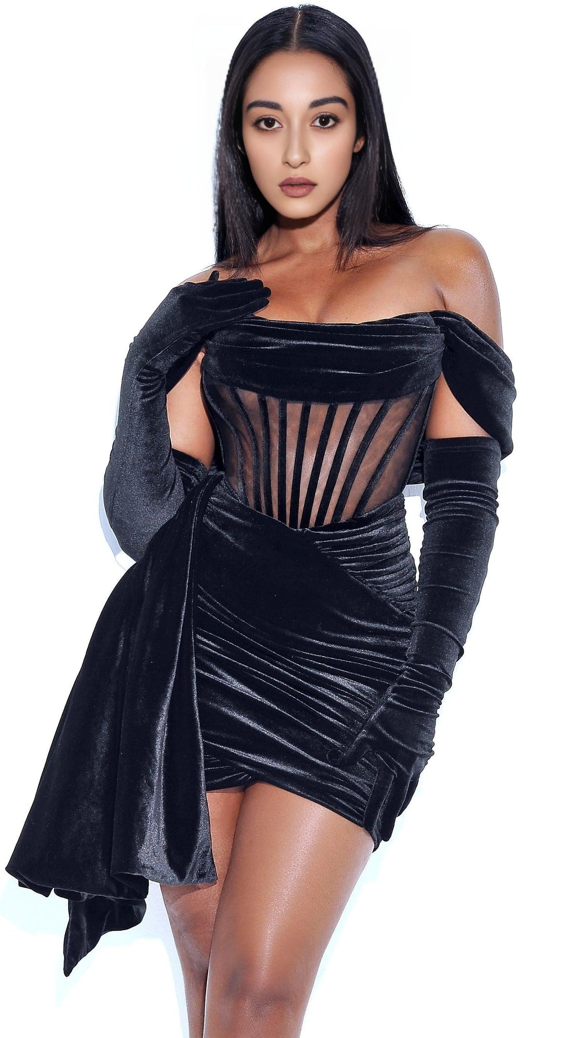 AIIZIE IRISA BLACK DRAPING OFF SHOULDER CORSET DRESS - product image