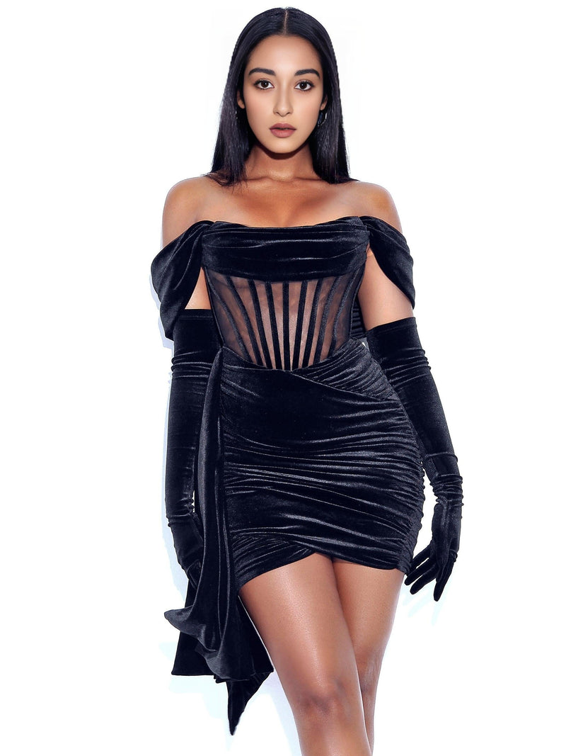 IRISA BLACK DRAPING OFF SHOULDER CORSET DRESS