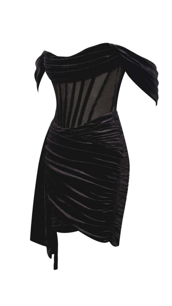 AIIZIE IRISA BLACK DRAPING OFF SHOULDER CORSET DRESS - product image