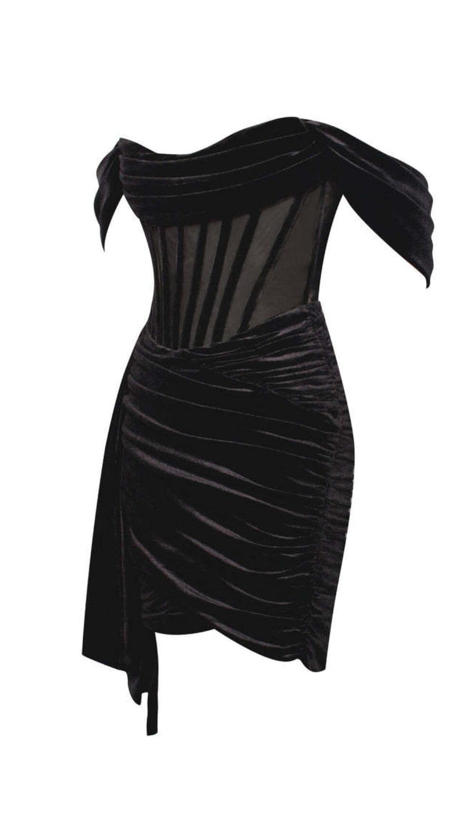 IRISA BLACK DRAPING OFF SHOULDER CORSET DRESS