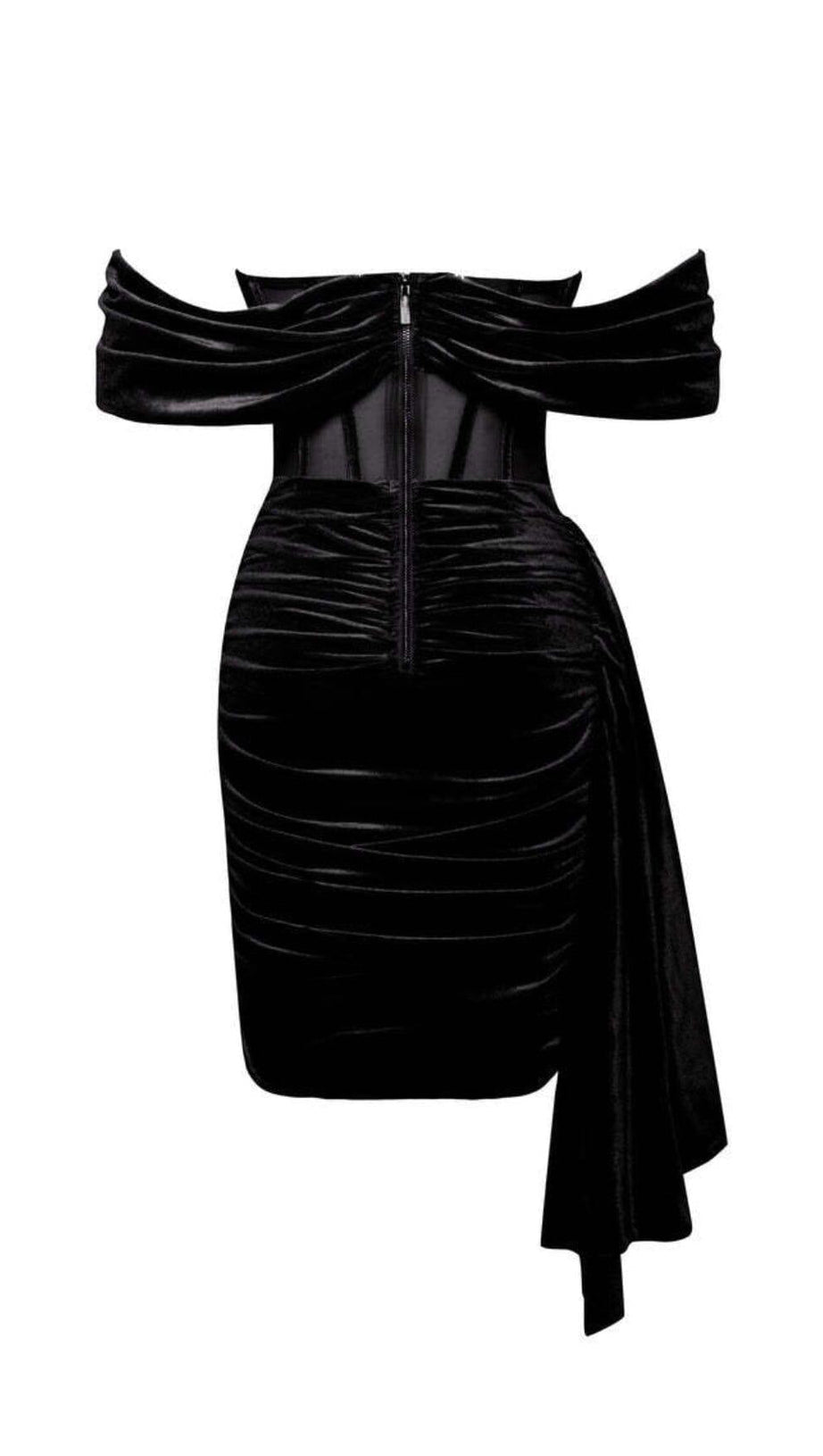 IRISA BLACK DRAPING OFF SHOULDER CORSET DRESS