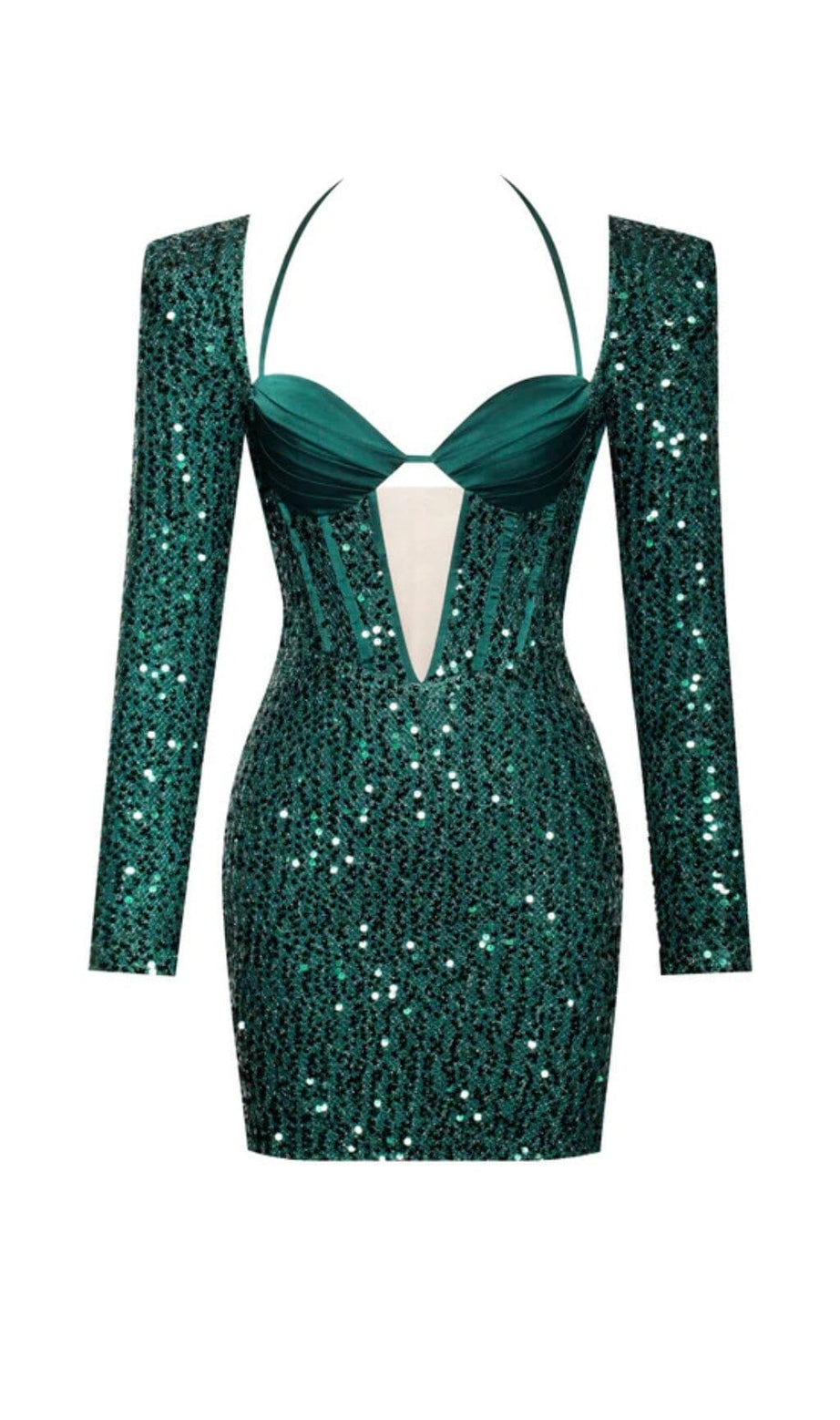 ABITO MELINA VERDE SMERALDO A MANICHE LUNGHE CON PAILLETTES