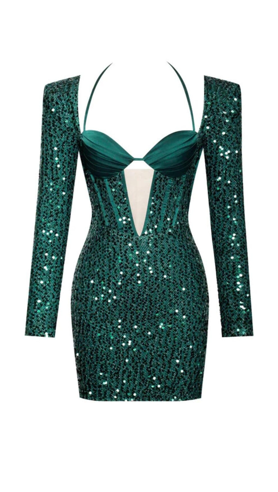 ABITO MELINA VERDE SMERALDO A MANICHE LUNGHE CON PAILLETTES