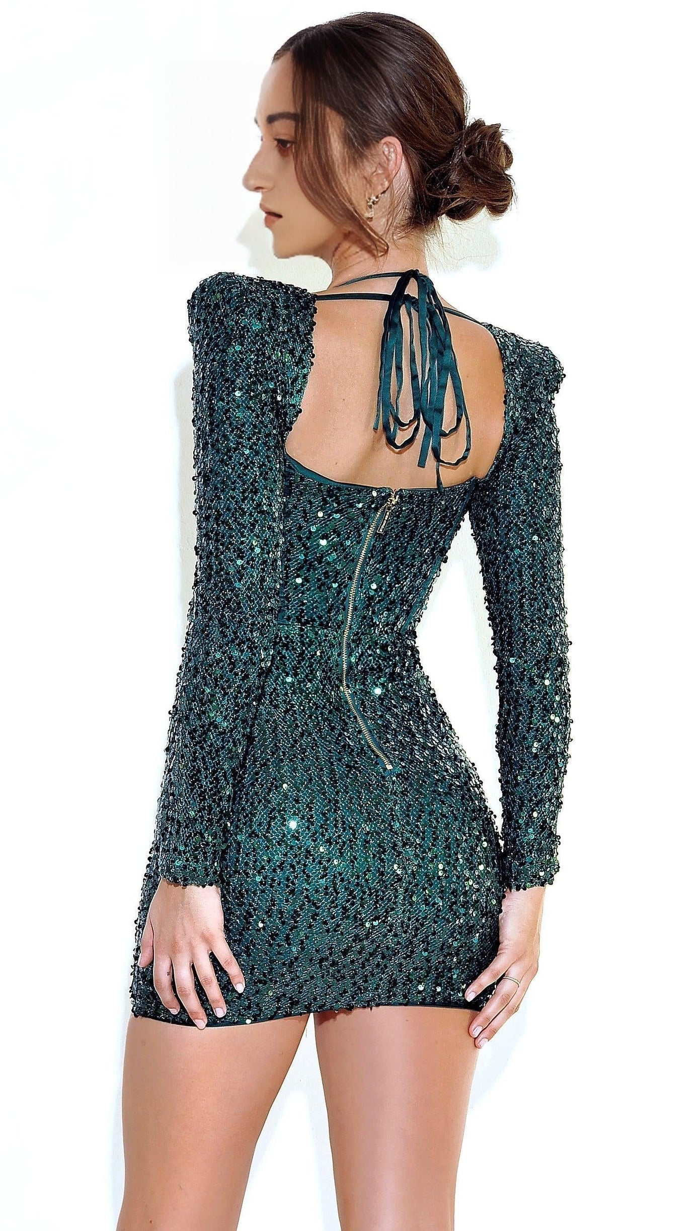 MELINA EMERALD GREEN LONG SLEEVE SEQUIN DRESS