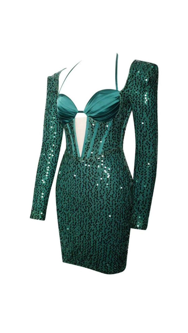 AIIZIE MELINA EMERALD GREEN LONG SLEEVE SEQUIN DRESS - product image