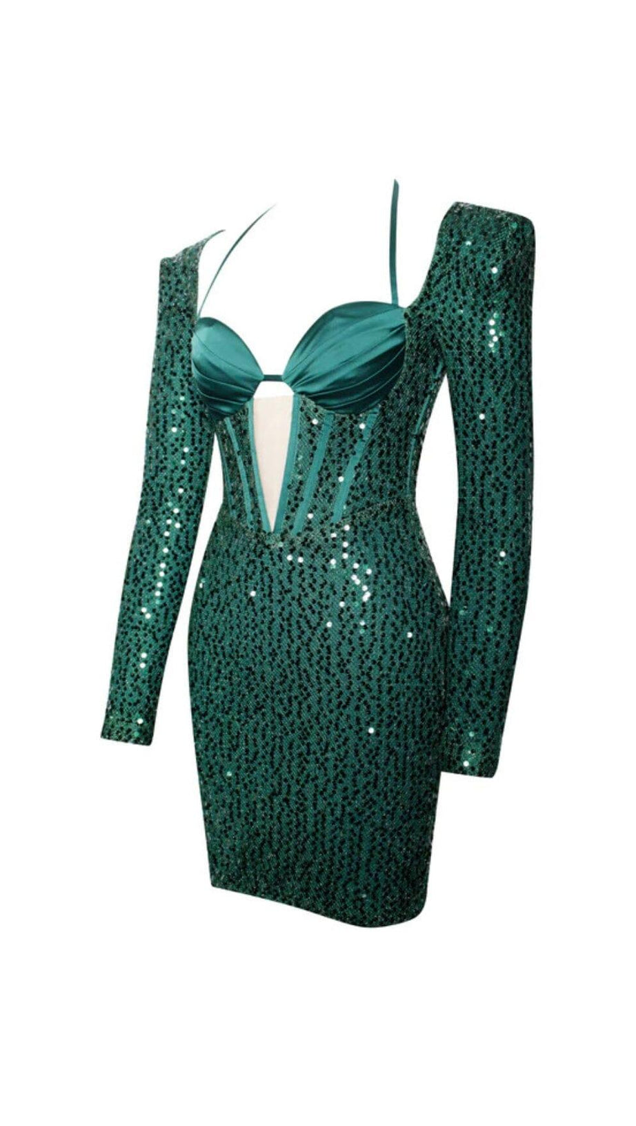 MELINA EMERALD GREEN LONG SLEEVE SEQUIN DRESS