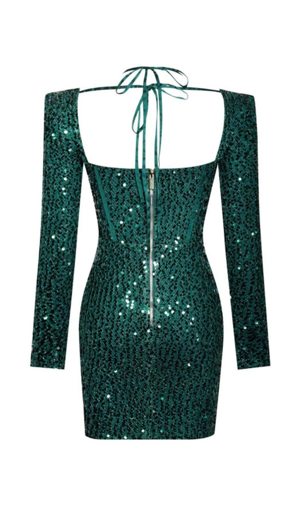 AIIZIE MELINA EMERALD GREEN LONG SLEEVE SEQUIN DRESS - product image