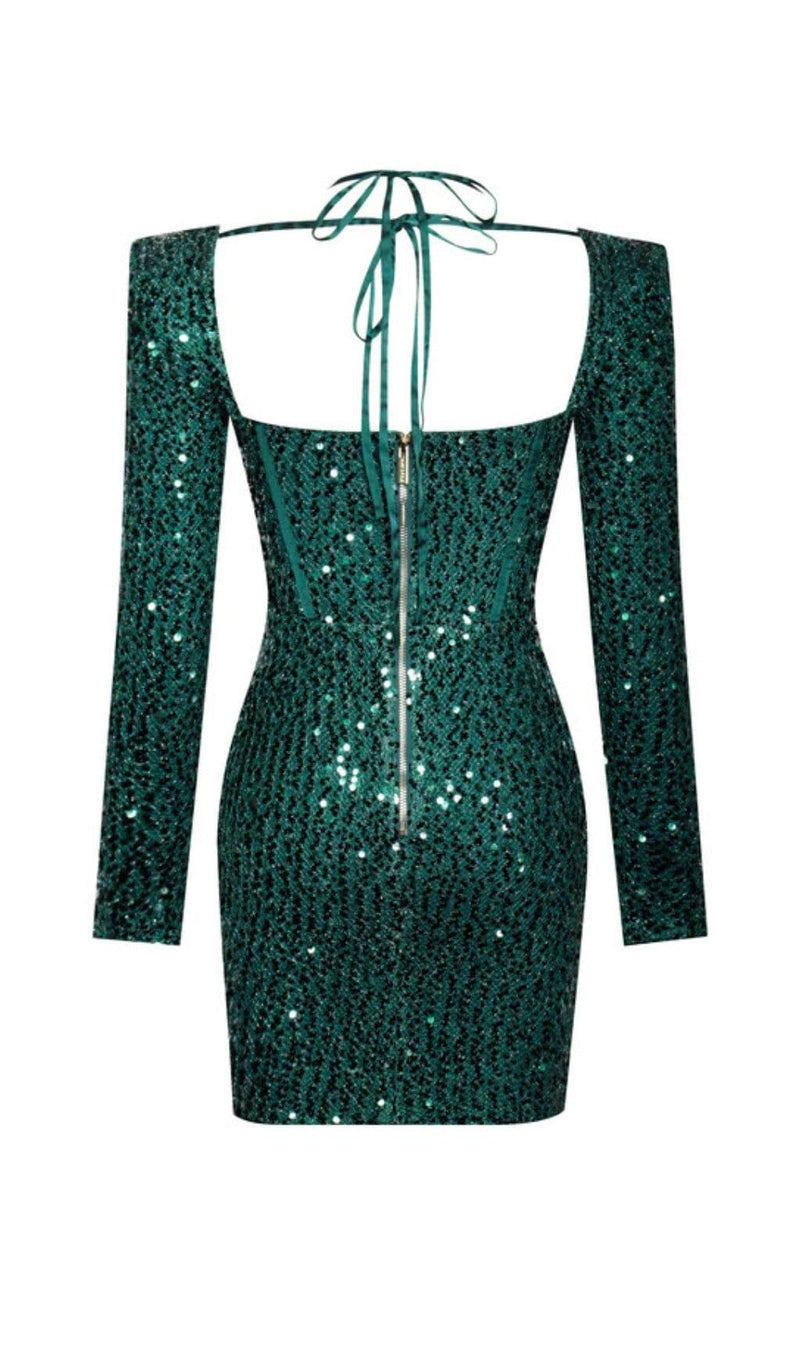 MELINA EMERALD GREEN LONG SLEEVE SEQUIN DRESS