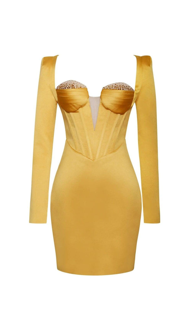 AIIZIE CAMILA GOLD SATIN CORSET DRESS WITH CRYSTALS - product image