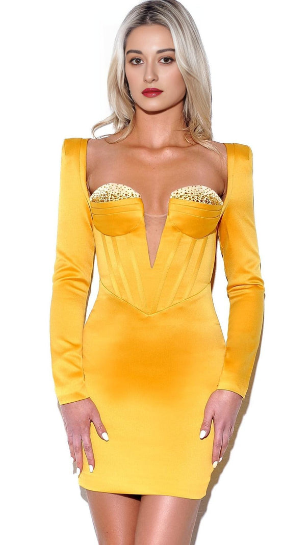 AIIZIE CAMILA GOLD SATIN CORSET DRESS WITH CRYSTALS - product image