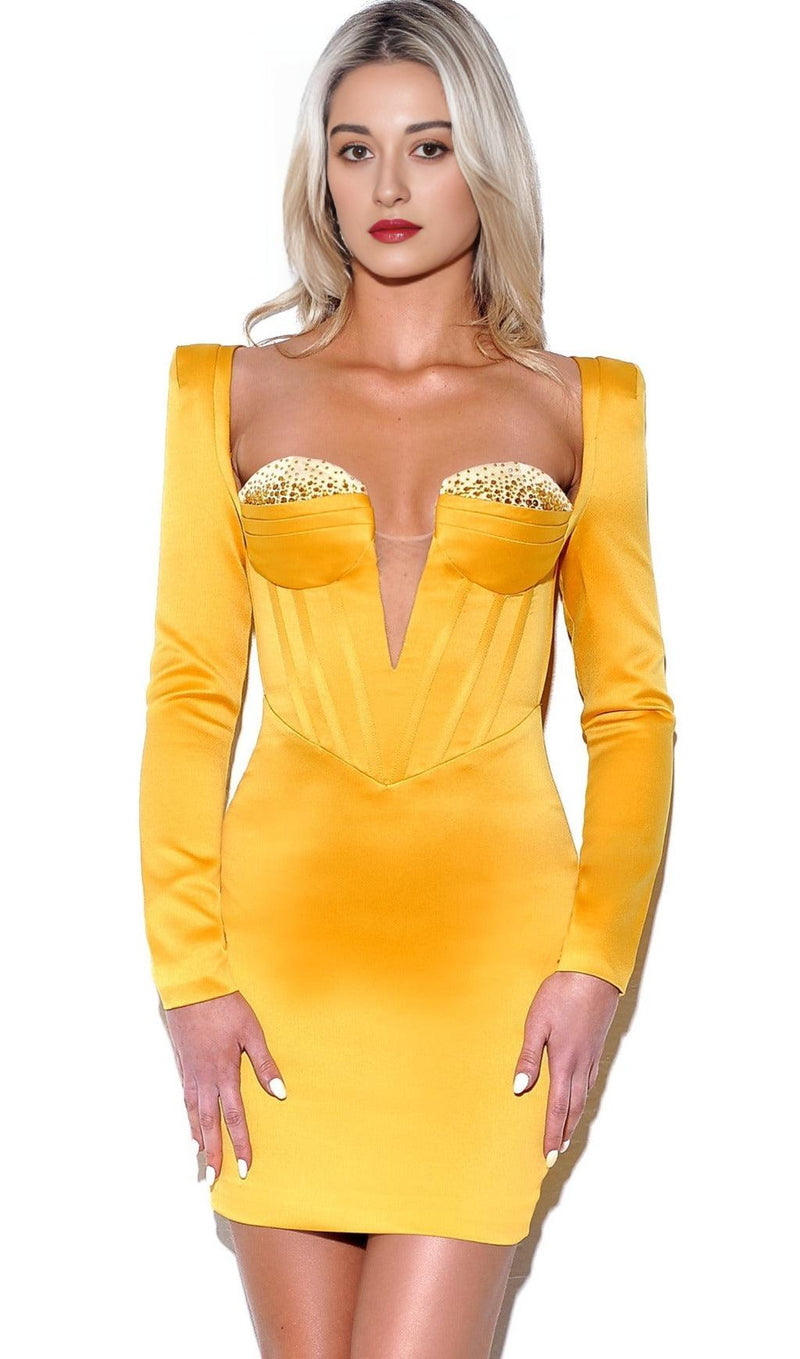 CAMILA GOLD SATIN CORSET DRESS WITH CRYSTALS