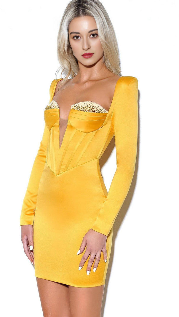 AIIZIE CAMILA GOLD SATIN CORSET DRESS WITH CRYSTALS - product image