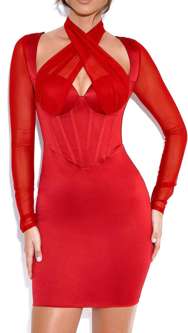AIIZIE JOCELYNN BURGUNDY SATIN MESH LONG SLEEVE CORSET DRESS - product image