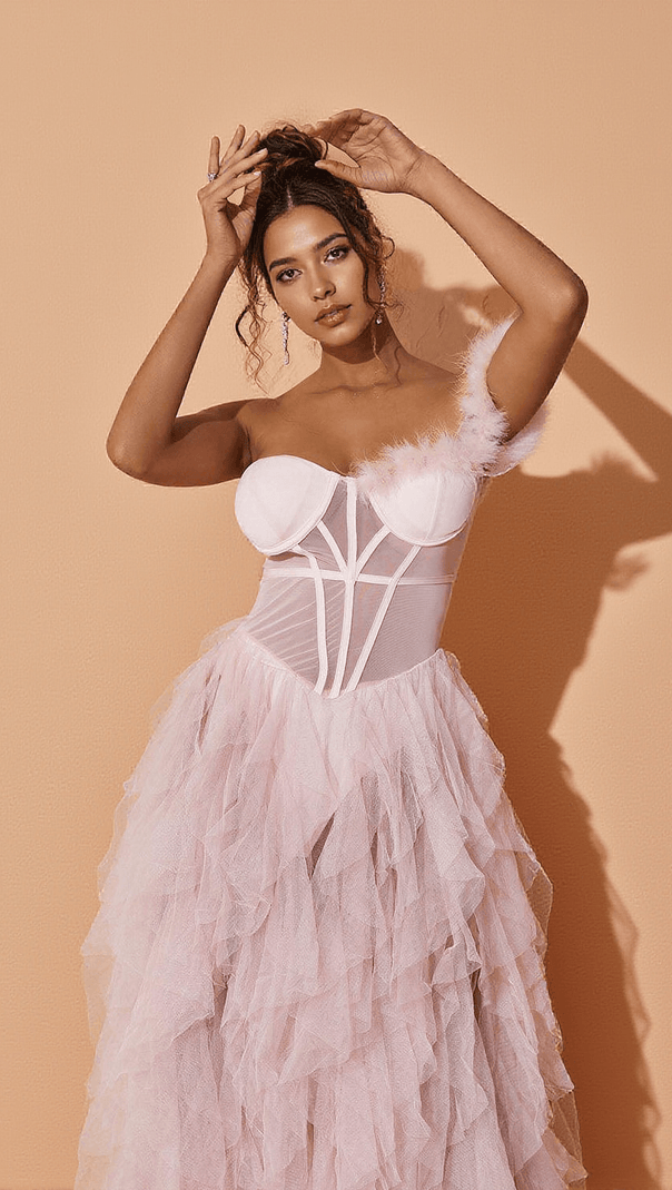AIIZIE TITANIA ONE SHOULDER TULLE MAXI DRESS IN BLUSH - product image