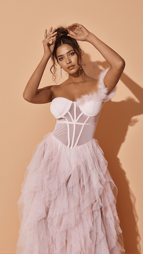 TITANIA ONE SHOULDER TULLE MAXI DRESS IN BLUSH