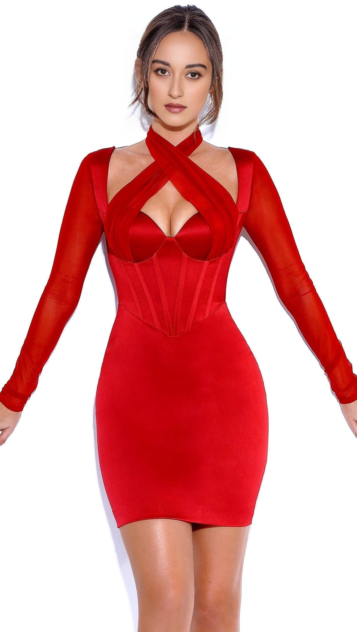 AIIZIE JOCELYNN BURGUNDY SATIN MESH LONG SLEEVE CORSET DRESS - product image