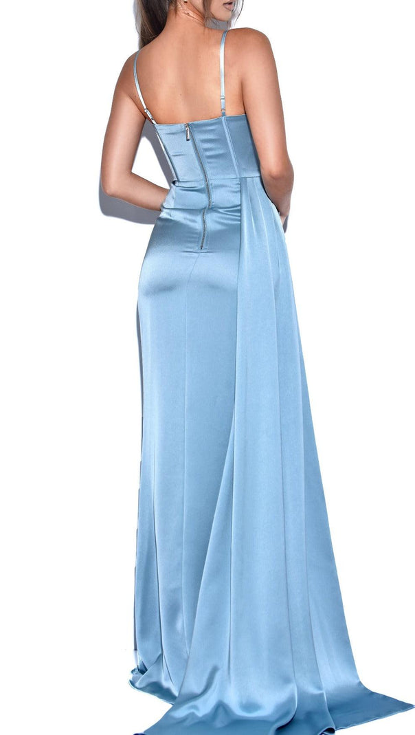 AIIZIE ELAYNA PALE BLUE STRAPPY SATIN CORSET HIGH SLIT GOWN - product image