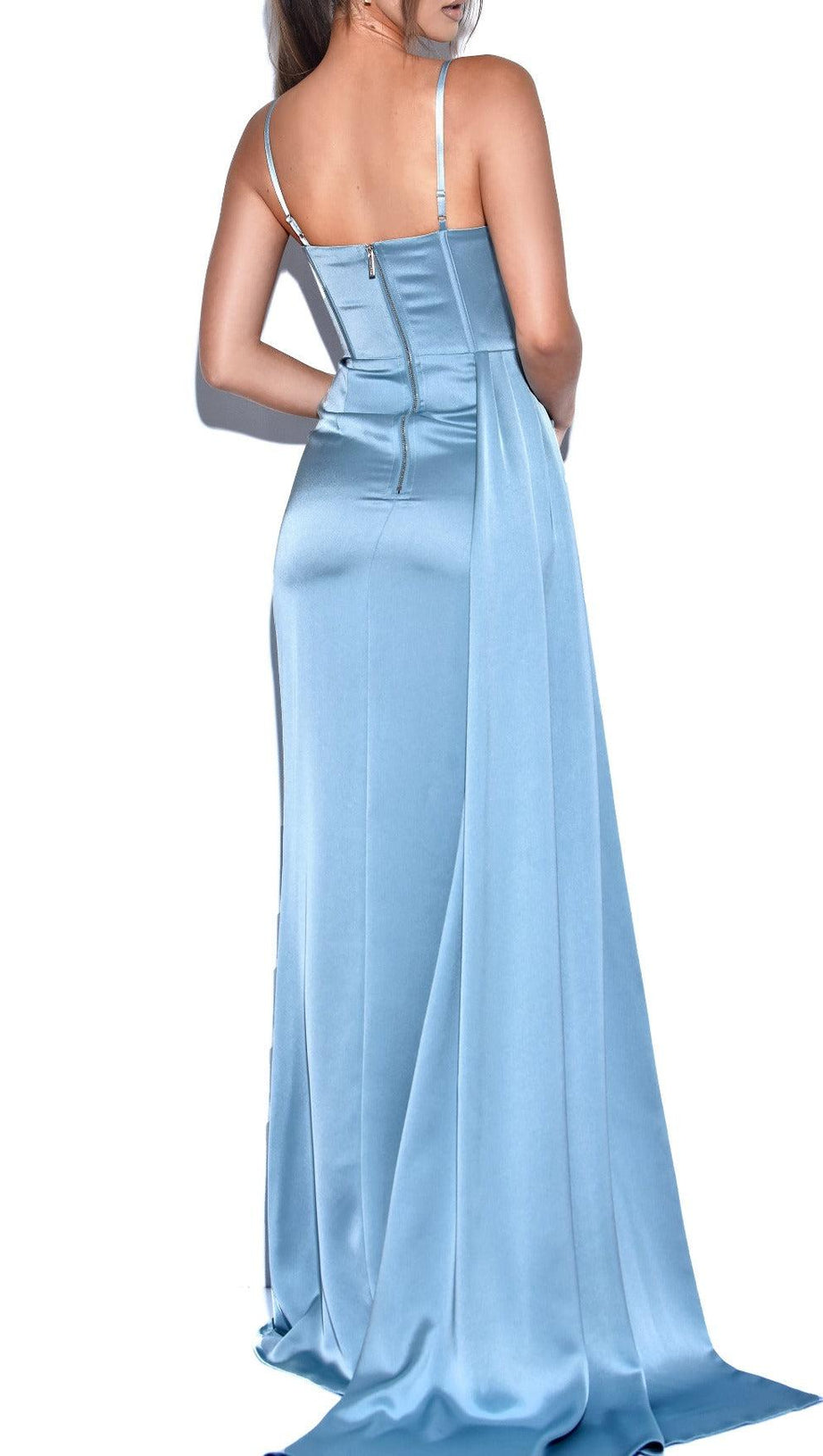 ELAYNA PALE BLUE STRAPPY SATIN CORSET HIGH SLIT GOWN