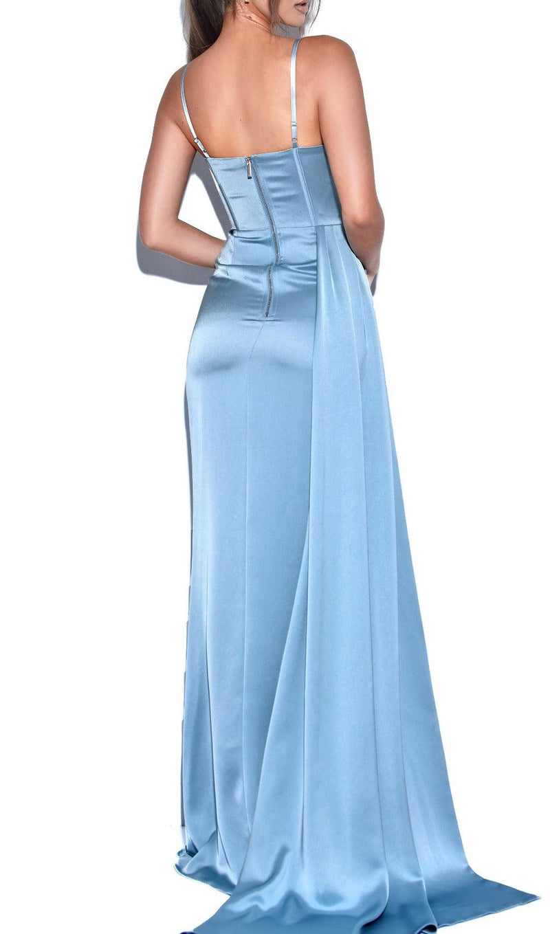 ELAYNA PALE BLUE STRAPPY SATIN CORSET HIGH SLIT GOWN