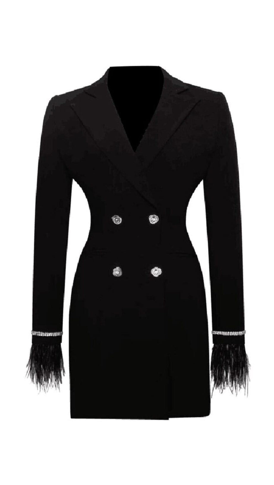 QUILLA BLACK FEATHER CRYSTAL SLEEVE BACKLESS BLAZER DRESS
