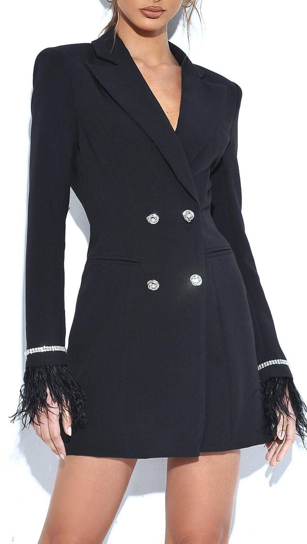 AIIZIE QUILLA BLACK FEATHER CRYSTAL SLEEVE BACKLESS BLAZER DRESS - product image