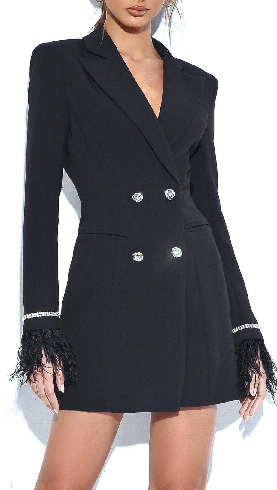 QUILLA BLACK FEATHER CRYSTAL SLEEVE BACKLESS BLAZER DRESS