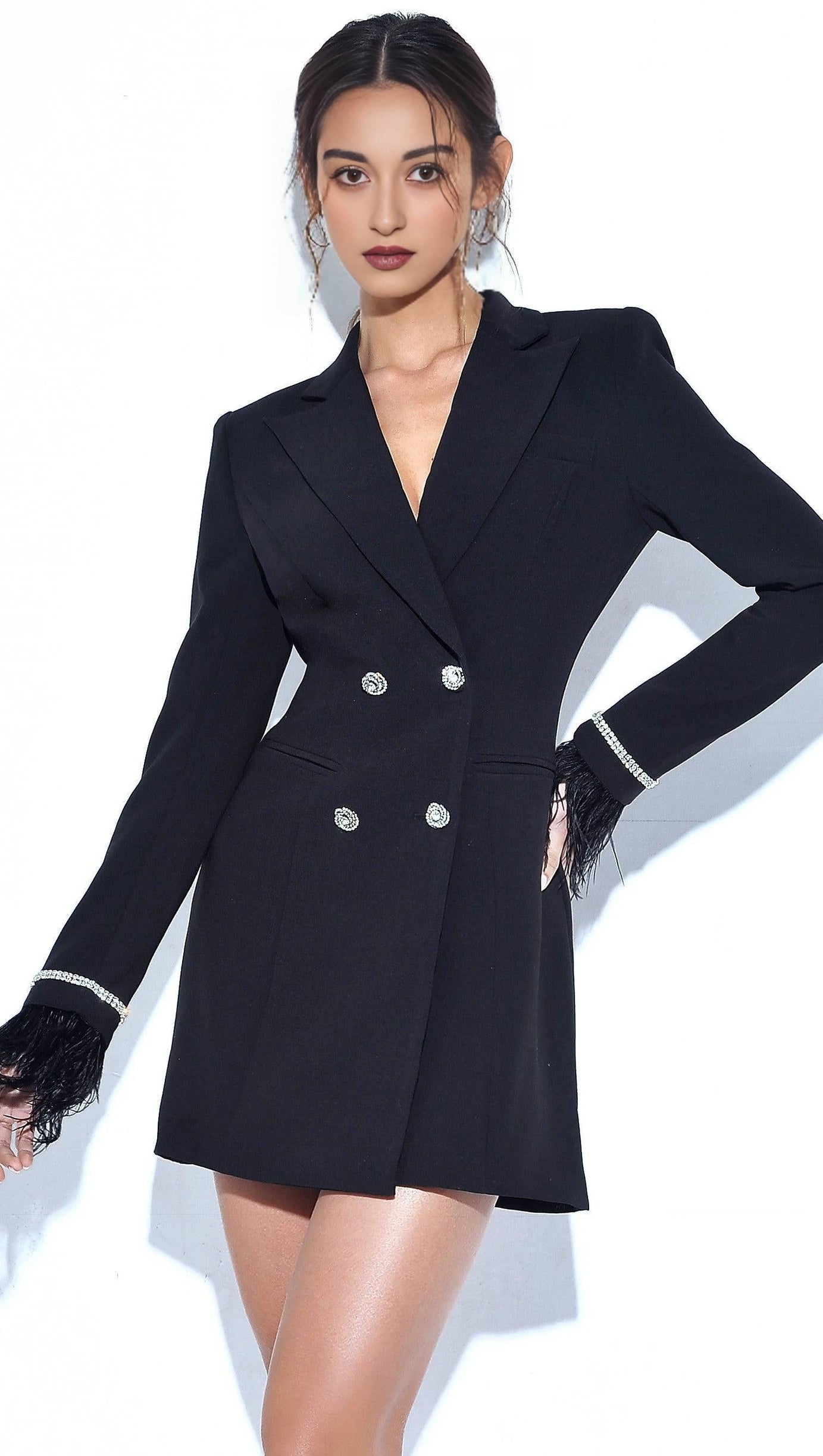 QUILLA BLACK FEATHER CRYSTAL SLEEVE BACKLESS BLAZER DRESS