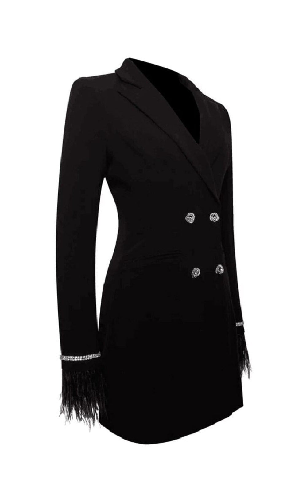 QUILLA BLACK FEATHER CRYSTAL SLEEVE BACKLESS BLAZER DRESS