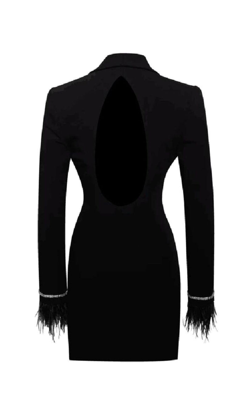 QUILLA BLACK FEATHER CRYSTAL SLEEVE BACKLESS BLAZER DRESS